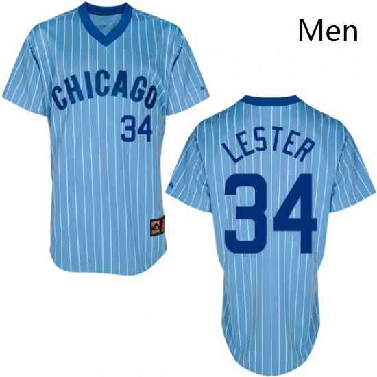 Mens Majestic Chicago Cubs 34 Jon Lester Replica BlueWhite Strip Cooperstown Throwback MLB Jersey